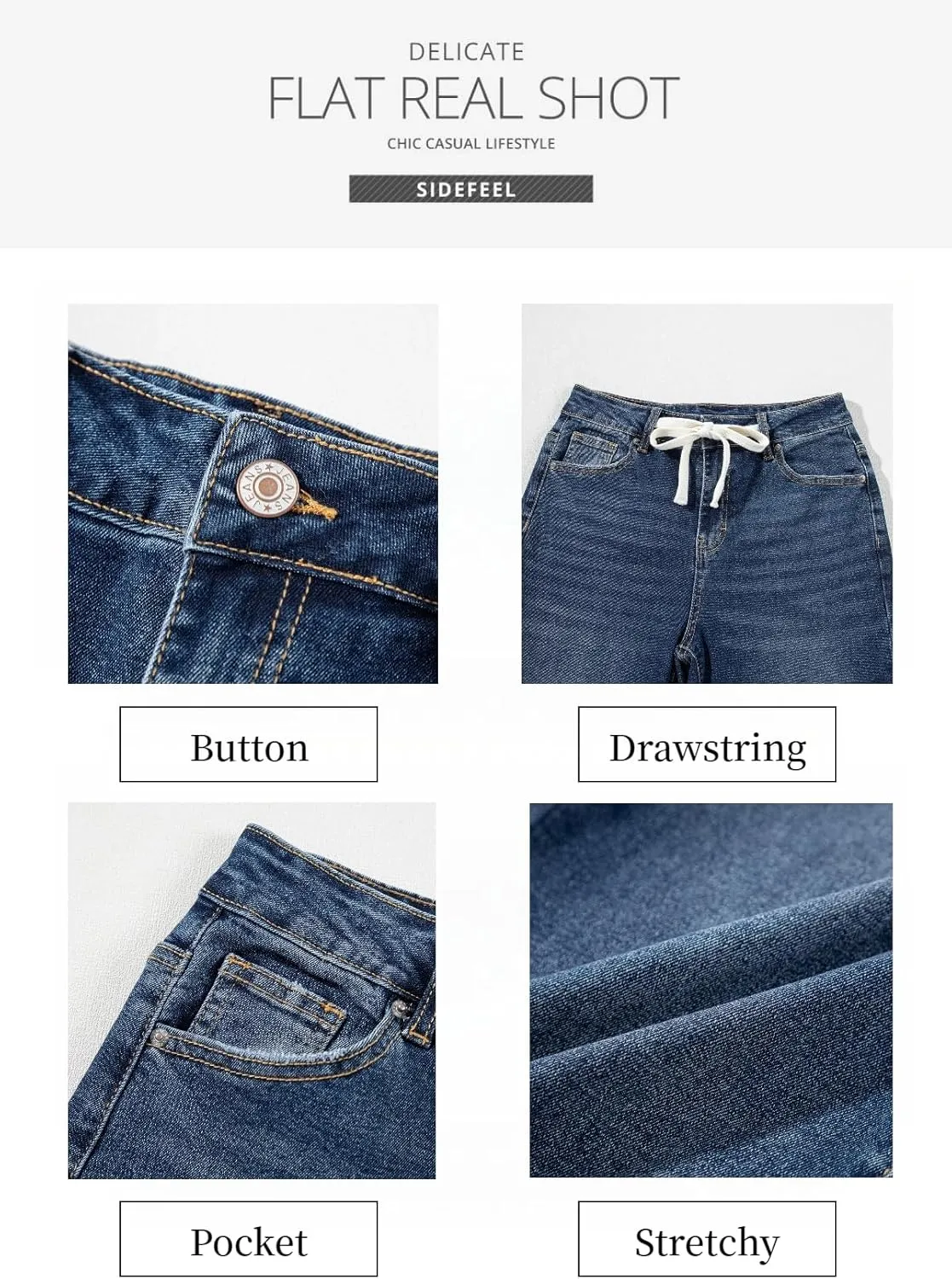 Sidefeel Women's Wide Leg Jeans High Waisted Stretchy Straight Leg Baggy Drawstring Zimbaplatinum Denim Pants