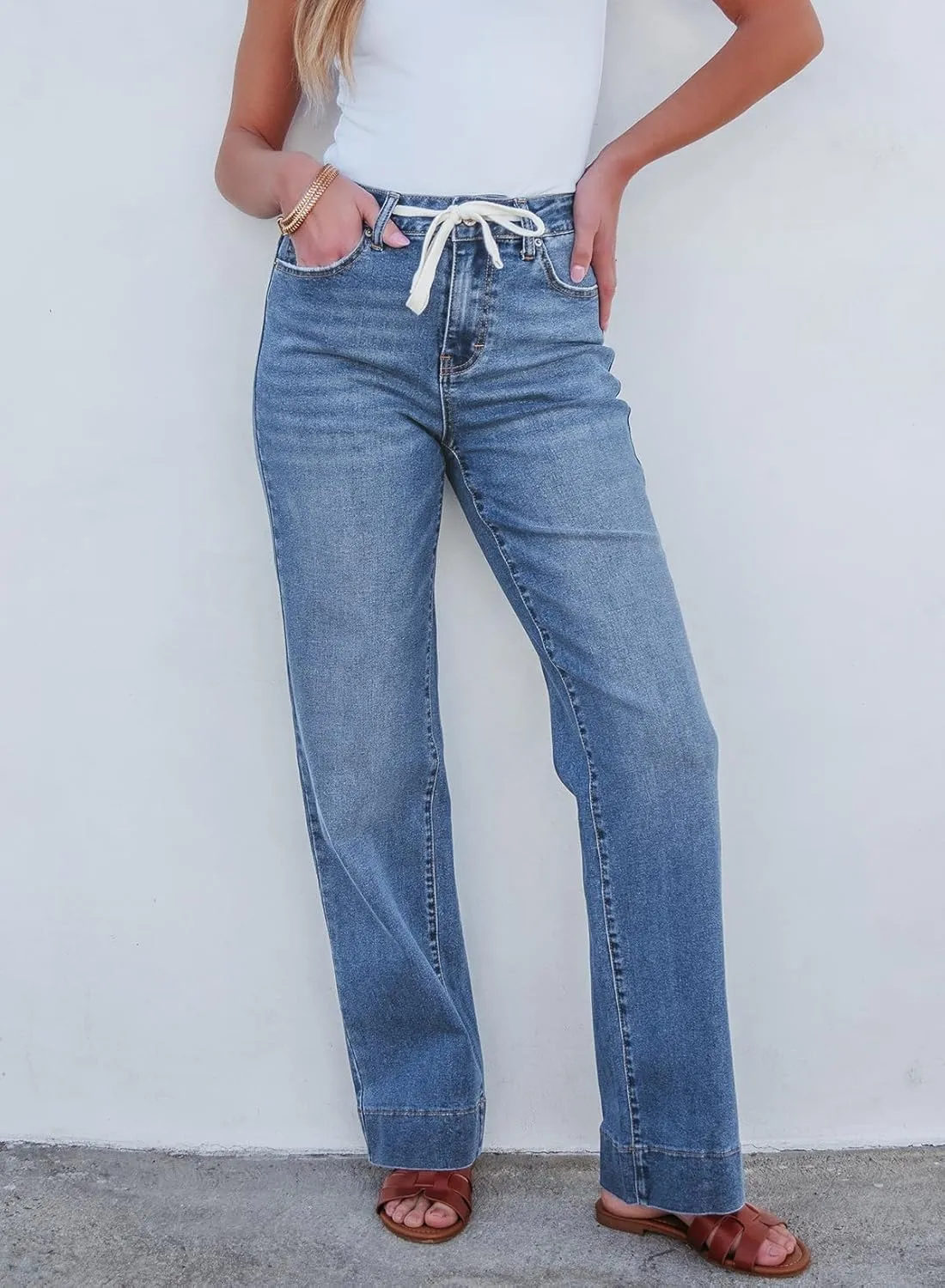 Sidefeel Women's Wide Leg Jeans High Waisted Stretchy Straight Leg Baggy Drawstring Zimbaplatinum Denim Pants