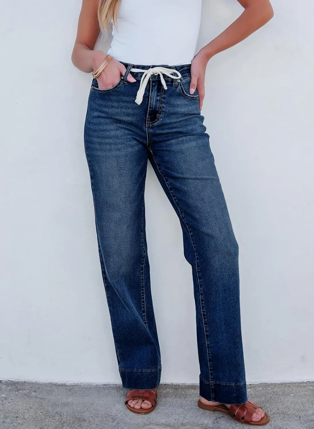 Sidefeel Women's Wide Leg Jeans High Waisted Stretchy Straight Leg Baggy Drawstring Zimbaplatinum Denim Pants