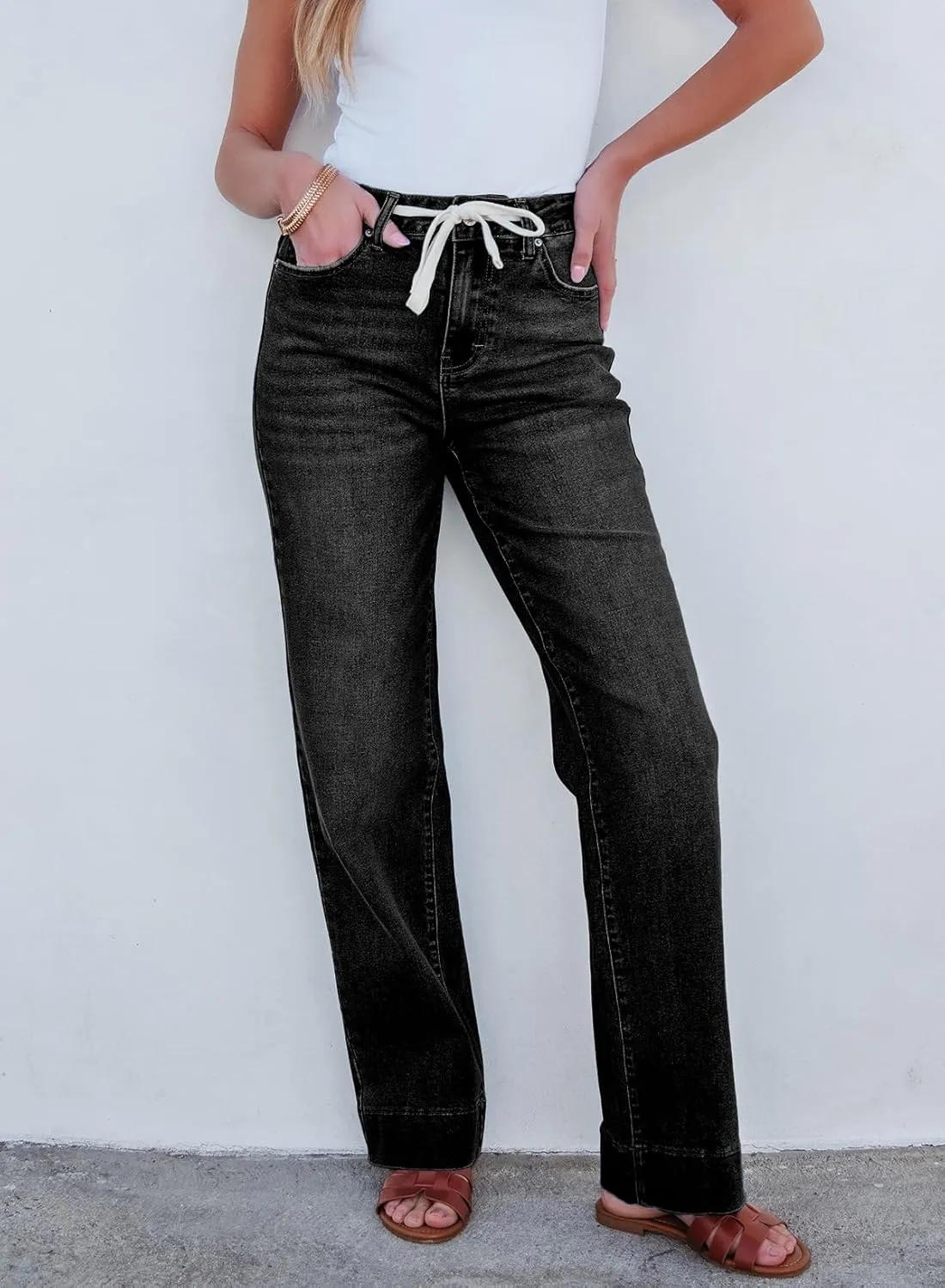 Sidefeel Women's Wide Leg Jeans High Waisted Stretchy Straight Leg Baggy Drawstring Zimbaplatinum Denim Pants