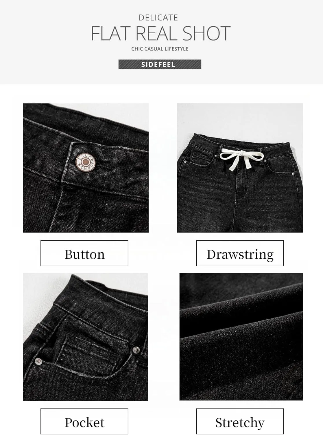Sidefeel Women's Wide Leg Jeans High Waisted Stretchy Straight Leg Baggy Drawstring Zimbaplatinum Denim Pants