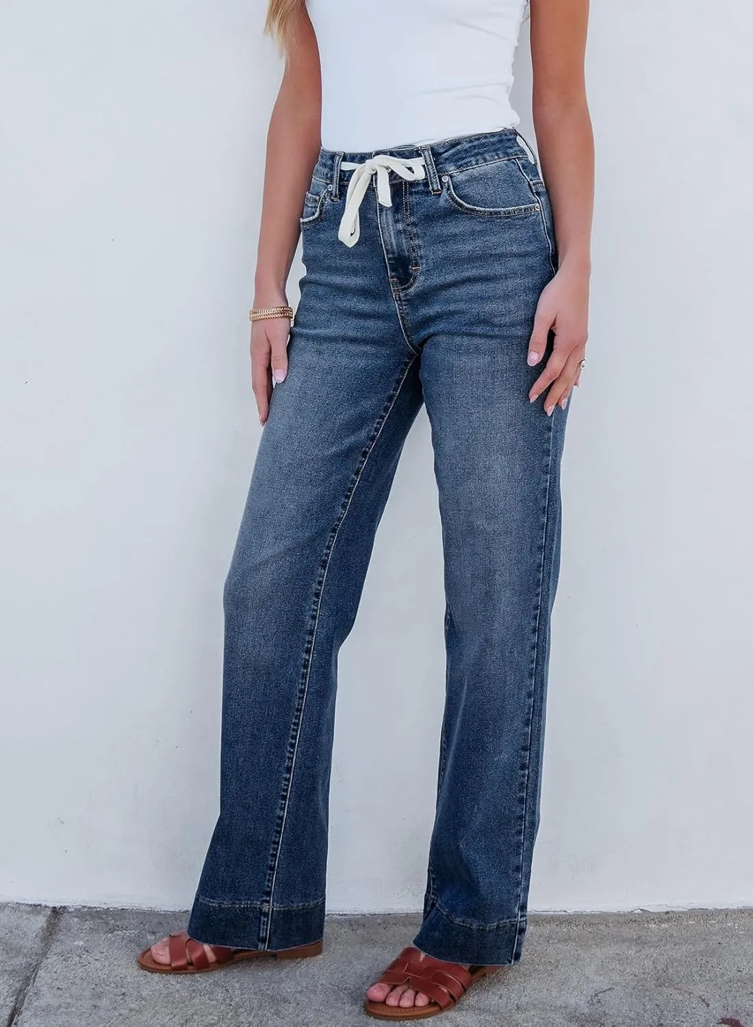 Sidefeel Women's Wide Leg Jeans High Waisted Stretchy Straight Leg Baggy Drawstring Zimbaplatinum Denim Pants