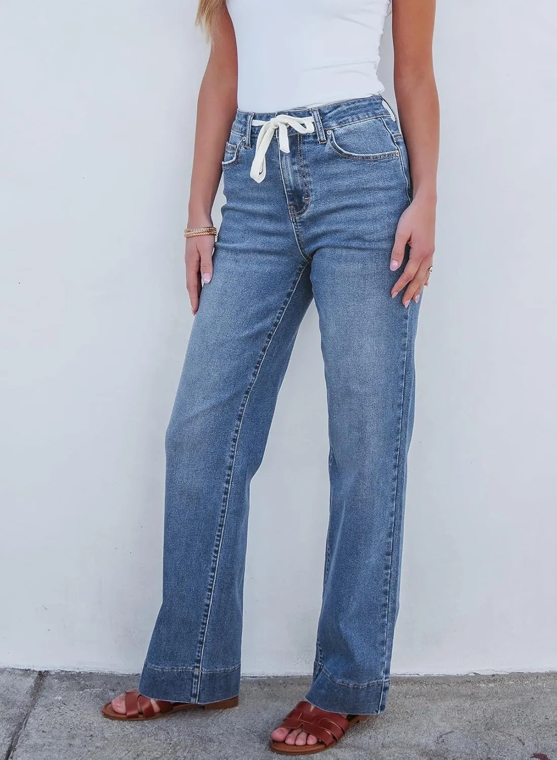 Sidefeel Women's Wide Leg Jeans High Waisted Stretchy Straight Leg Baggy Drawstring Zimbaplatinum Denim Pants