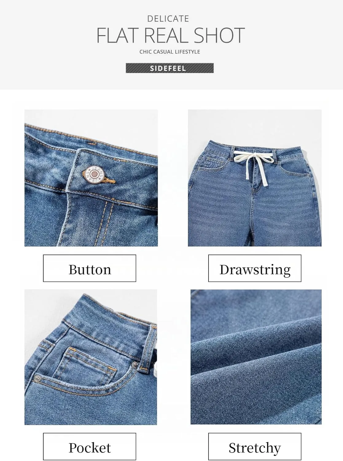 Sidefeel Women's Wide Leg Jeans High Waisted Stretchy Straight Leg Baggy Drawstring Zimbaplatinum Denim Pants