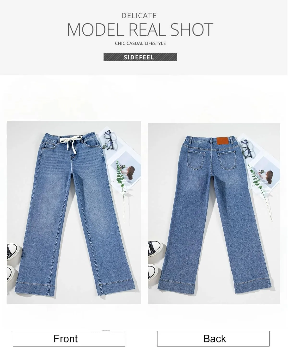 Sidefeel Women's Wide Leg Jeans High Waisted Stretchy Straight Leg Baggy Drawstring Zimbaplatinum Denim Pants
