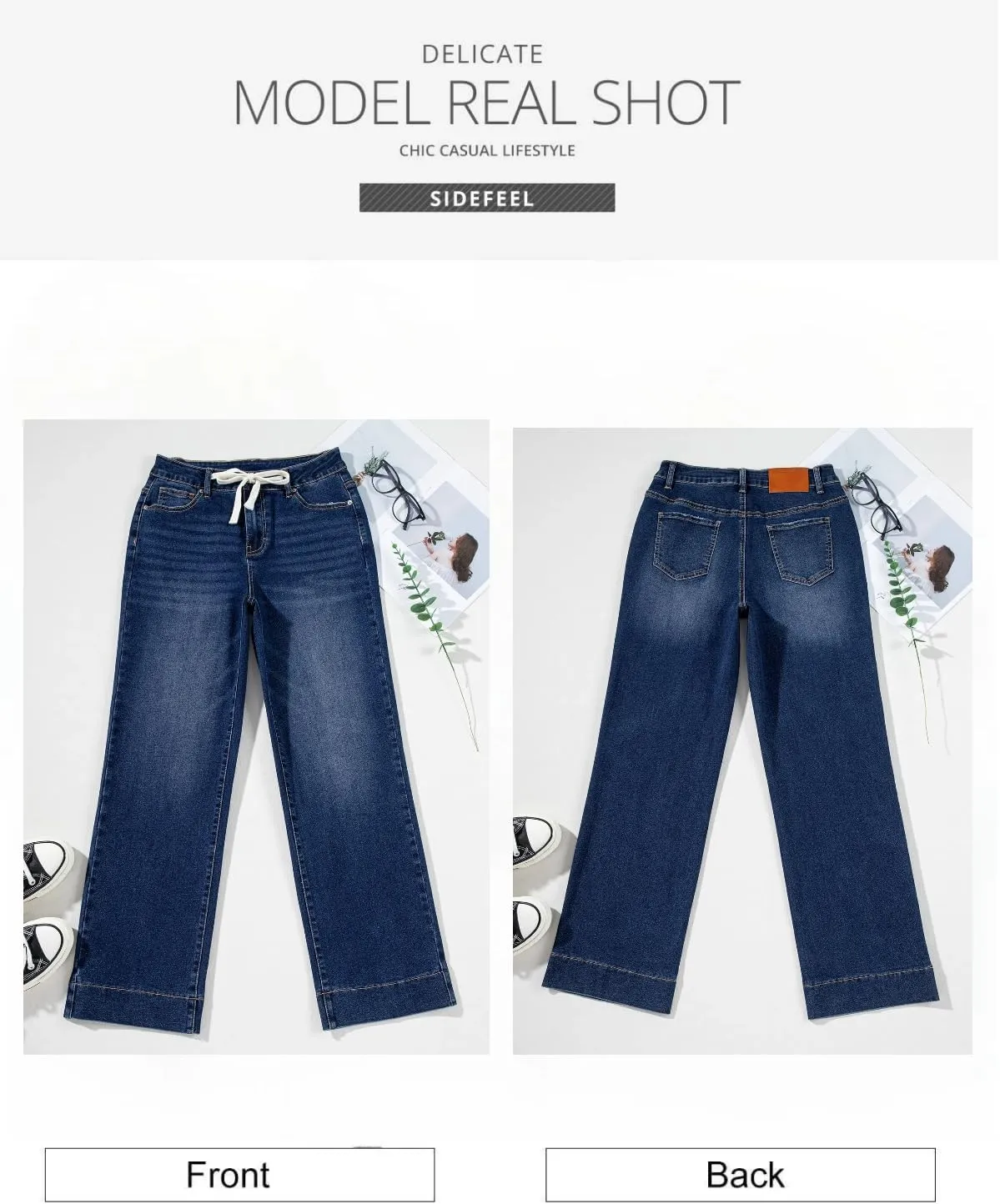 Sidefeel Women's Wide Leg Jeans High Waisted Stretchy Straight Leg Baggy Drawstring Zimbaplatinum Denim Pants