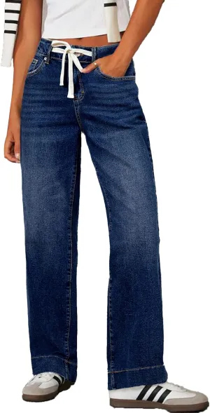 Sidefeel Women's Wide Leg Jeans High Waisted Stretchy Straight Leg Baggy Drawstring Zimbaplatinum Denim Pants