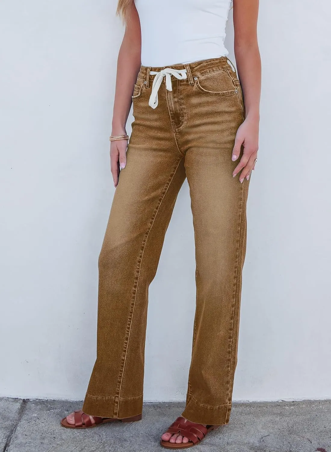 Sidefeel Women's Wide Leg Jeans High Waisted Stretchy Straight Leg Baggy Drawstring Zimbaplatinum Denim Pants