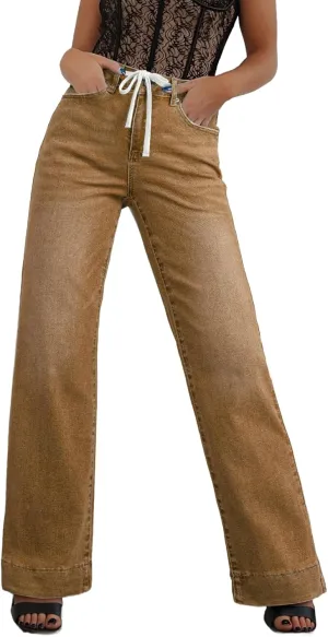 Sidefeel Women's Wide Leg Jeans High Waisted Stretchy Straight Leg Baggy Drawstring Zimbaplatinum Denim Pants