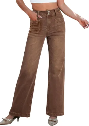 Sidefeel Women's Wide Leg Jeans High Waisted Tummy Control Stretchy Pockets Front Zimbaplatinum Jeans