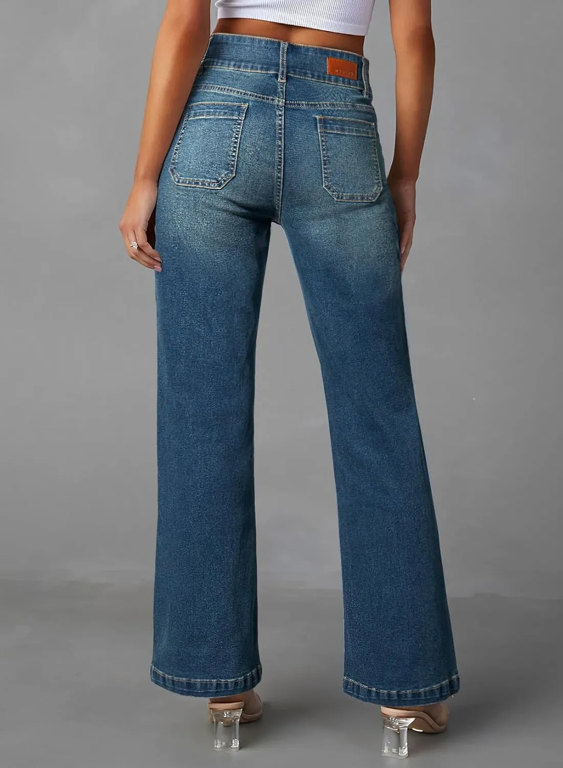 Sidefeel Women's Wide Leg Jeans High Waisted Tummy Control Stretchy Pockets Front Zimbaplatinum Jeans