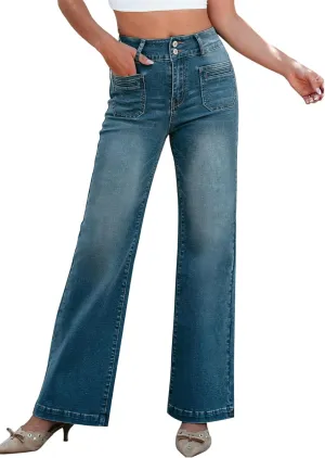 Sidefeel Women's Wide Leg Jeans High Waisted Tummy Control Stretchy Pockets Front Zimbaplatinum Jeans