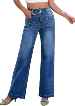 Sidefeel Women's Wide Leg Jeans High Waisted Tummy Control Stretchy Pockets Front Zimbaplatinum Jeans