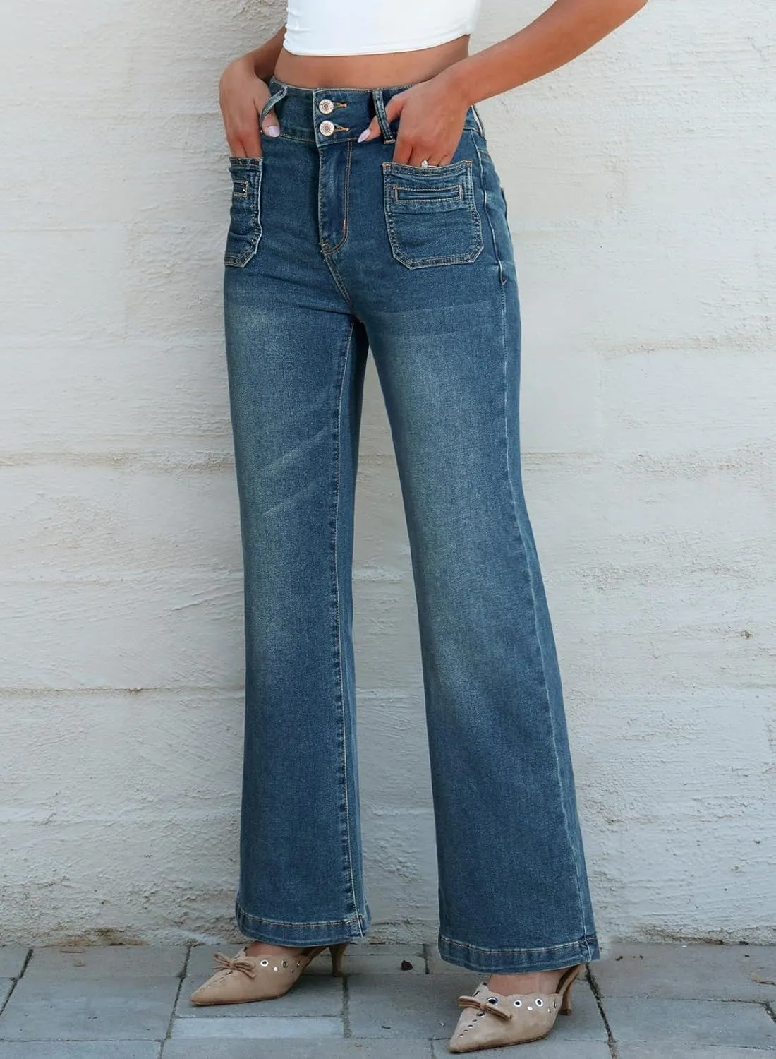 Sidefeel Women's Wide Leg Jeans High Waisted Tummy Control Stretchy Pockets Front Zimbaplatinum Jeans