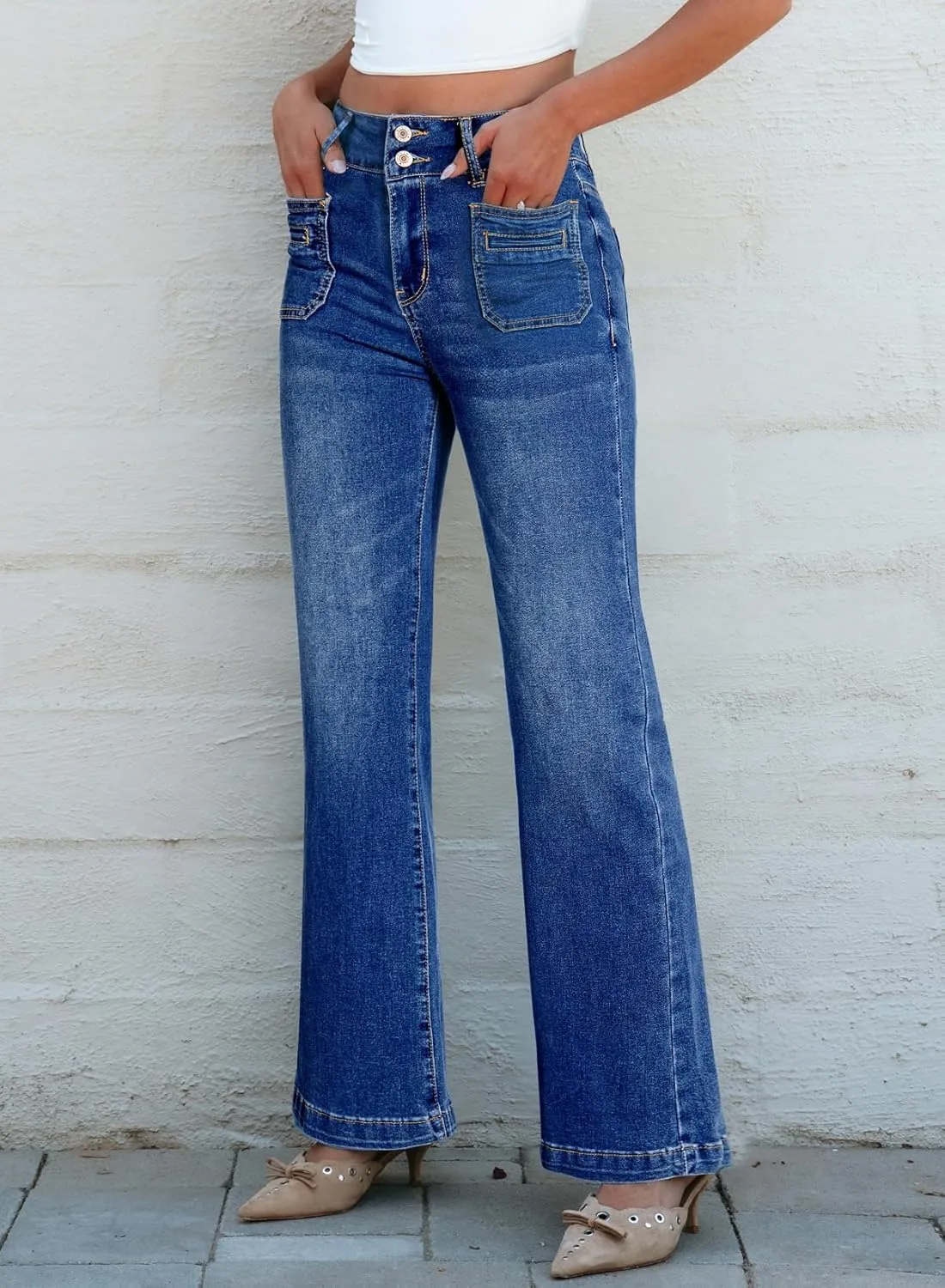 Sidefeel Women's Wide Leg Jeans High Waisted Tummy Control Stretchy Pockets Front Zimbaplatinum Jeans
