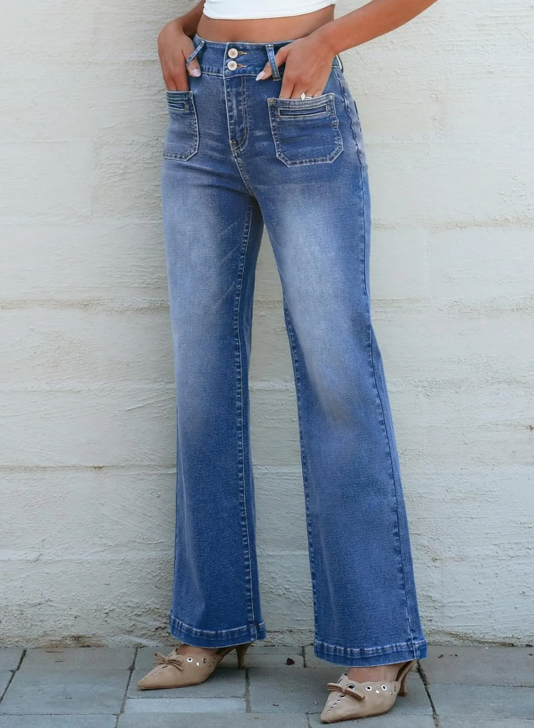 Sidefeel Women's Wide Leg Jeans High Waisted Tummy Control Stretchy Pockets Front Zimbaplatinum Jeans