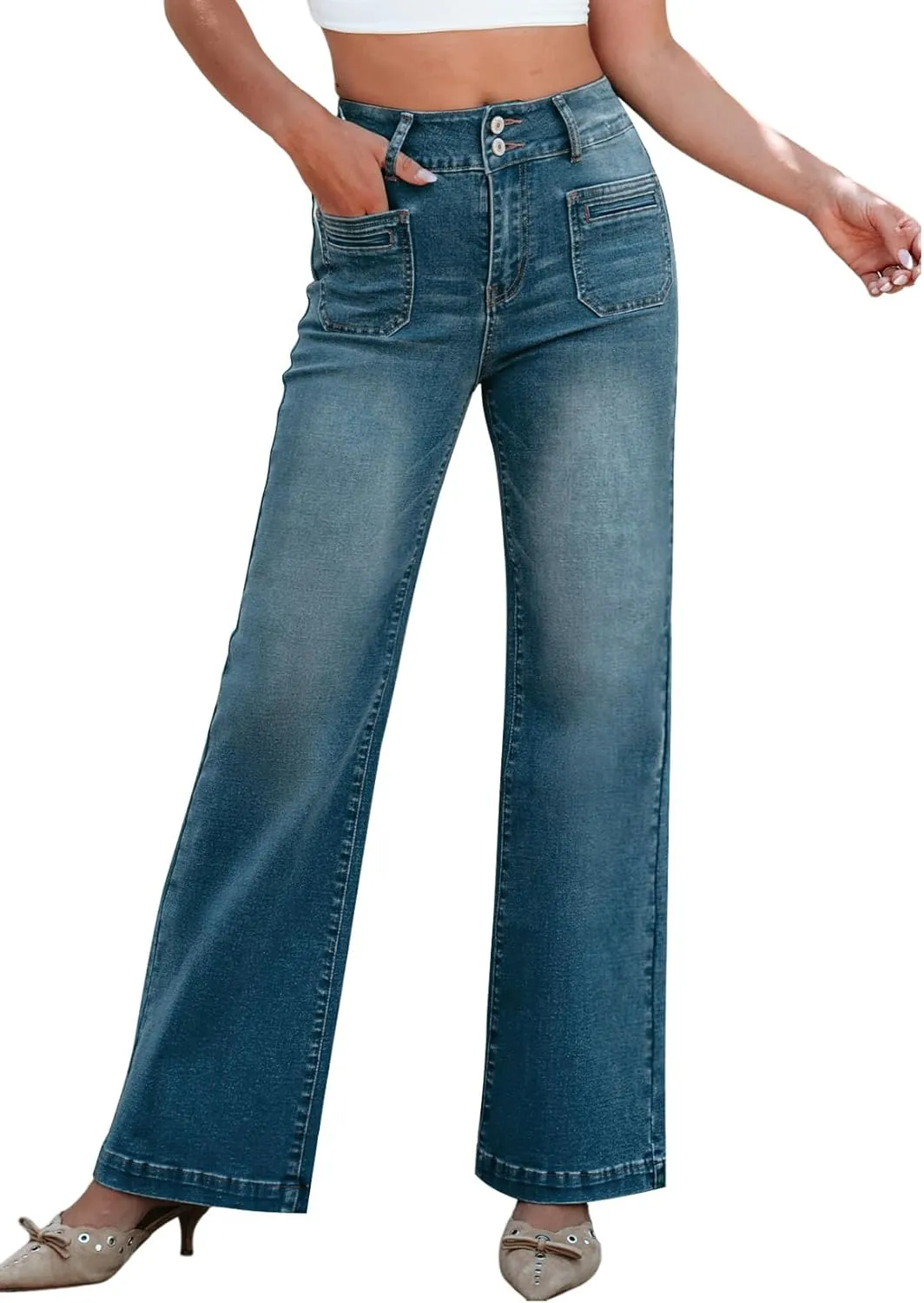 Sidefeel Women's Wide Leg Jeans High Waisted Tummy Control Stretchy Pockets Front Zimbaplatinum Jeans