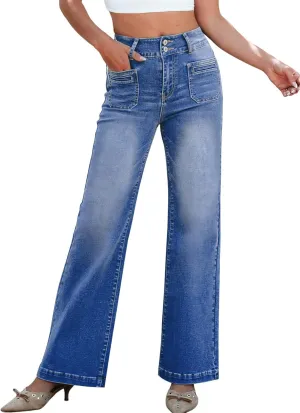Sidefeel Women's Wide Leg Jeans High Waisted Tummy Control Stretchy Pockets Front Zimbaplatinum Jeans