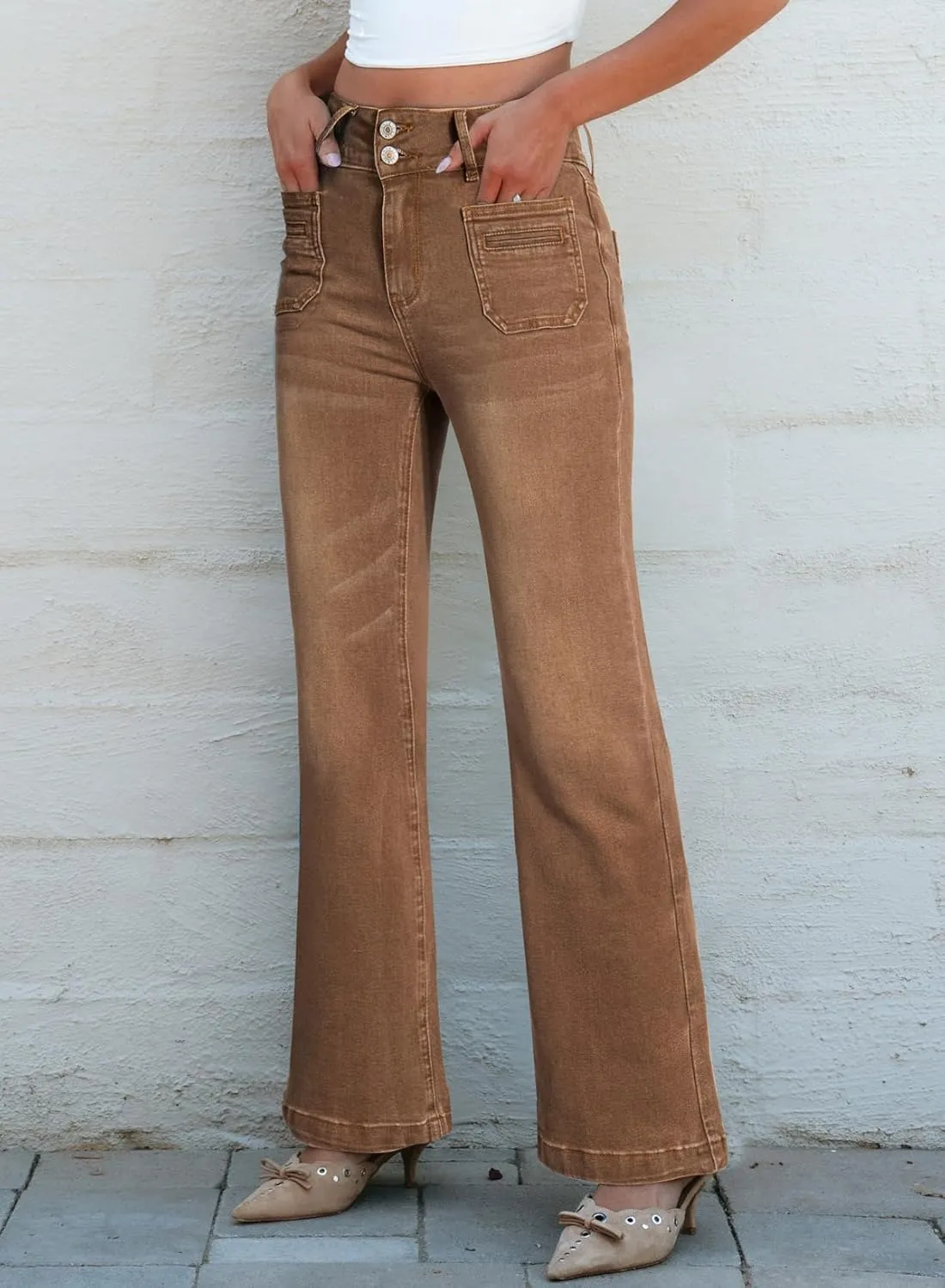 Sidefeel Women's Wide Leg Jeans High Waisted Tummy Control Stretchy Pockets Front Zimbaplatinum Jeans