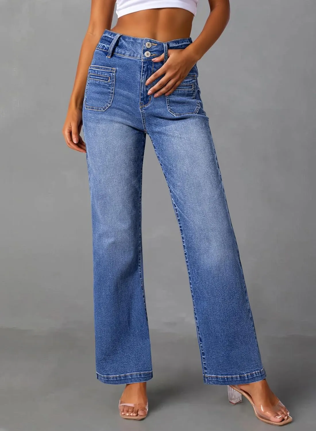 Sidefeel Women's Wide Leg Jeans High Waisted Tummy Control Stretchy Pockets Front Zimbaplatinum Jeans