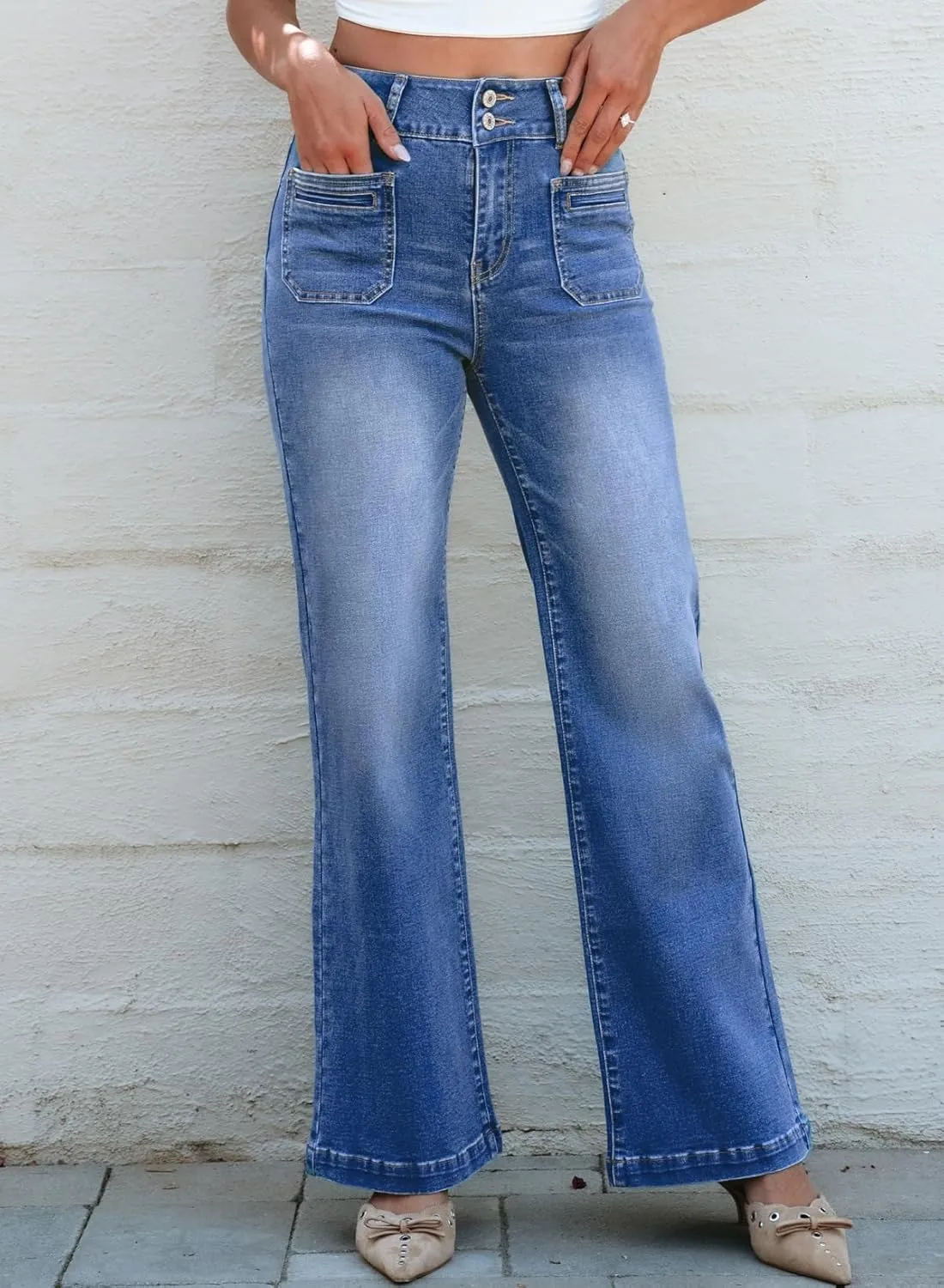 Sidefeel Women's Wide Leg Jeans High Waisted Tummy Control Stretchy Pockets Front Zimbaplatinum Jeans