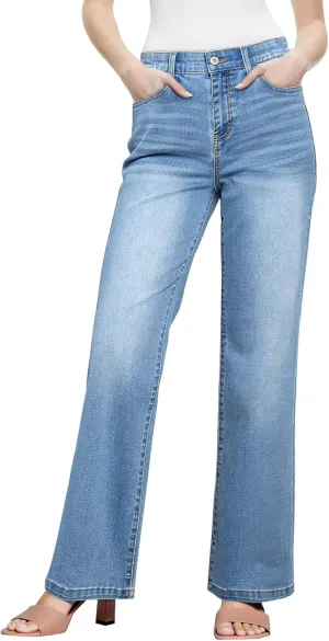 Sidefeel Women's Wide Leg Jeans High Waisted Tummy Control Stretchy Straight Leg Elastic Waist Trendy Denim Pants