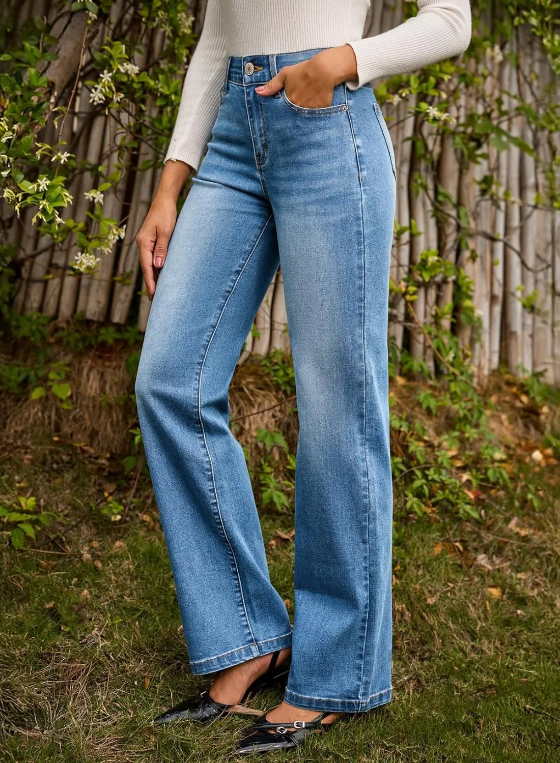 Sidefeel Women's Wide Leg Jeans High Waisted Tummy Control Stretchy Straight Leg Elastic Waist Trendy Denim Pants