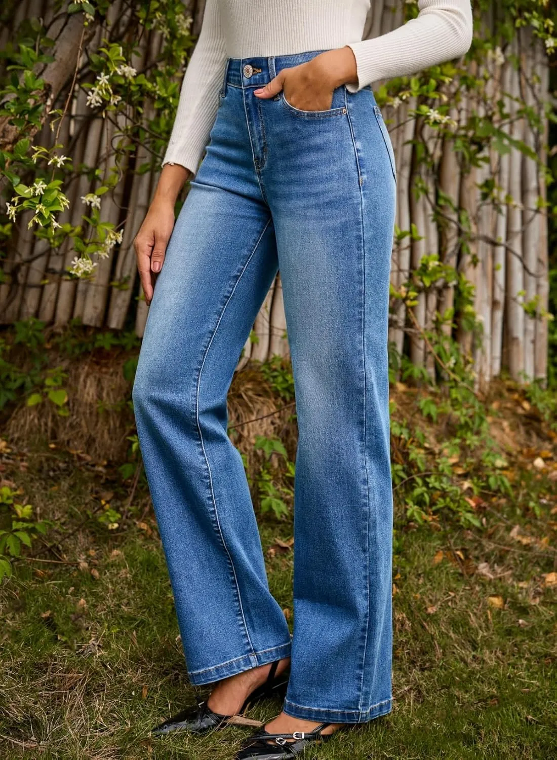 Sidefeel Women's Wide Leg Jeans High Waisted Tummy Control Stretchy Straight Leg Elastic Waist Trendy Denim Pants