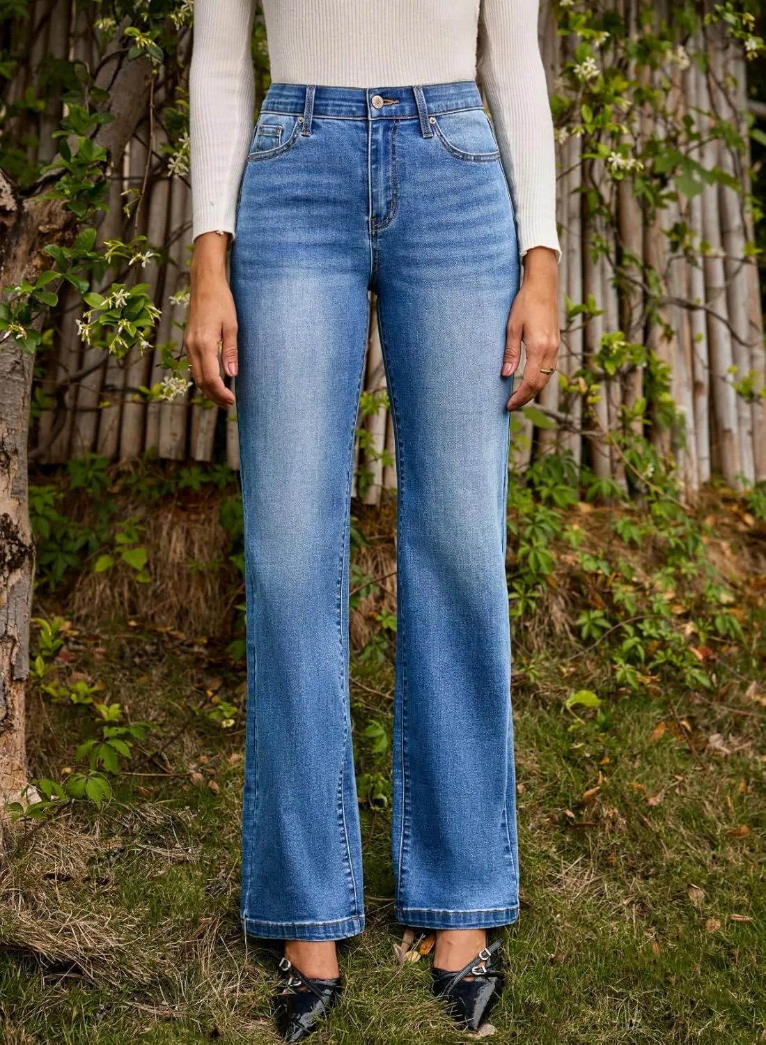 Sidefeel Women's Wide Leg Jeans High Waisted Tummy Control Stretchy Straight Leg Elastic Waist Trendy Denim Pants