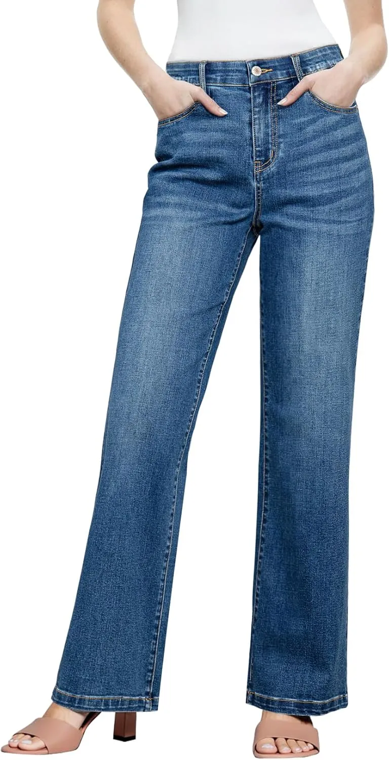 Sidefeel Women's Wide Leg Jeans High Waisted Tummy Control Stretchy Straight Leg Elastic Waist Trendy Denim Pants