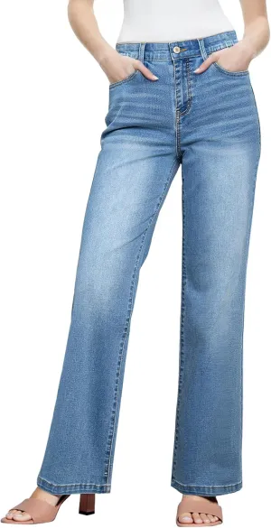 Sidefeel Women's Wide Leg Jeans High Waisted Tummy Control Stretchy Straight Leg Elastic Waist Trendy Denim Pants
