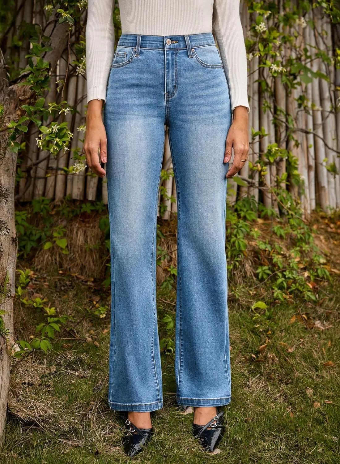 Sidefeel Women's Wide Leg Jeans High Waisted Tummy Control Stretchy Straight Leg Elastic Waist Trendy Denim Pants