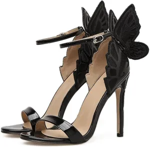 Silver Shoes for Women Butterfly Wings Sandals Women Sexy Stiletto Patent Leather Party Dress Open Toe Buckle High Heels Platform Shoes Lady