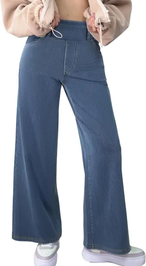 Simple Flavor Women's Wide Leg Jeans High Waisted Stretch Pull-on Baggy Denim Pants with Pockets