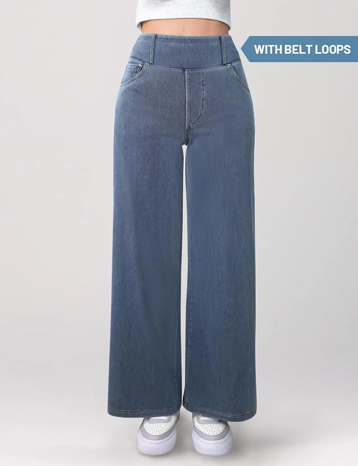 Simple Flavor Women's Wide Leg Jeans High Waisted Stretch Pull-on Baggy Denim Pants with Pockets