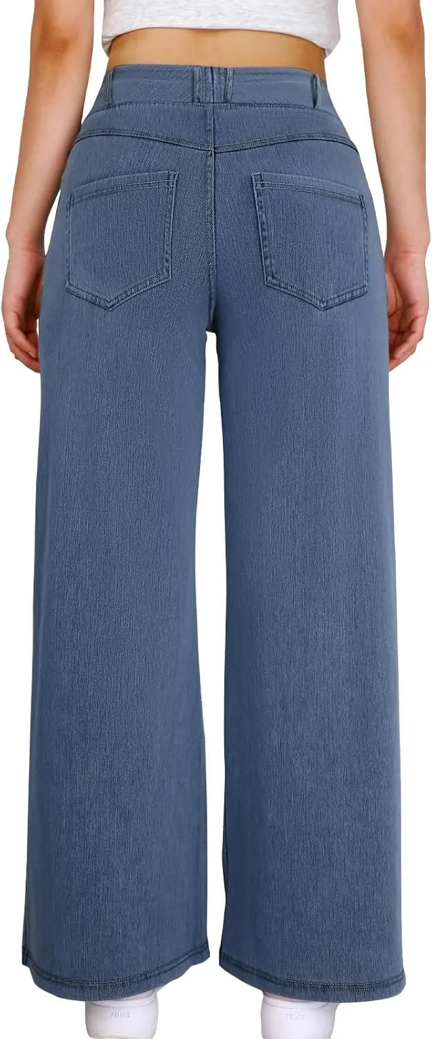 Simple Flavor Women's Wide Leg Jeans High Waisted Stretch Pull-on Baggy Denim Pants with Pockets