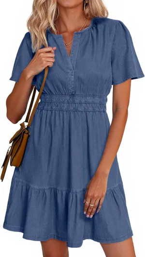 Simplee Womens Summer Denim Dress Casual Short Sleeve Mini Dress Boho Beach Flowy Tiered Short Jean Dresses with Pockets