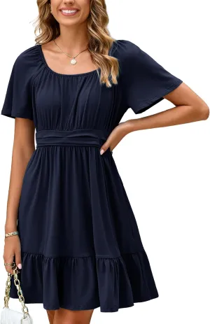 Simplee Womens Summer Dresses 2025 Mini Square Neck Casual Short Sleeve Shirred Flowy A-Line Dress with Pockets