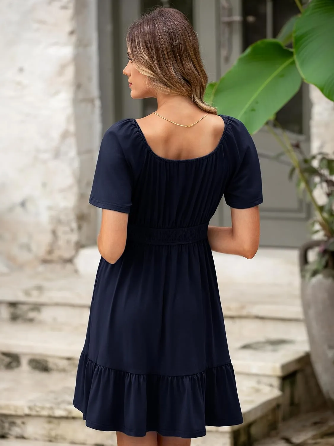 Simplee Womens Summer Dresses 2025 Mini Square Neck Casual Short Sleeve Shirred Flowy A-Line Dress with Pockets