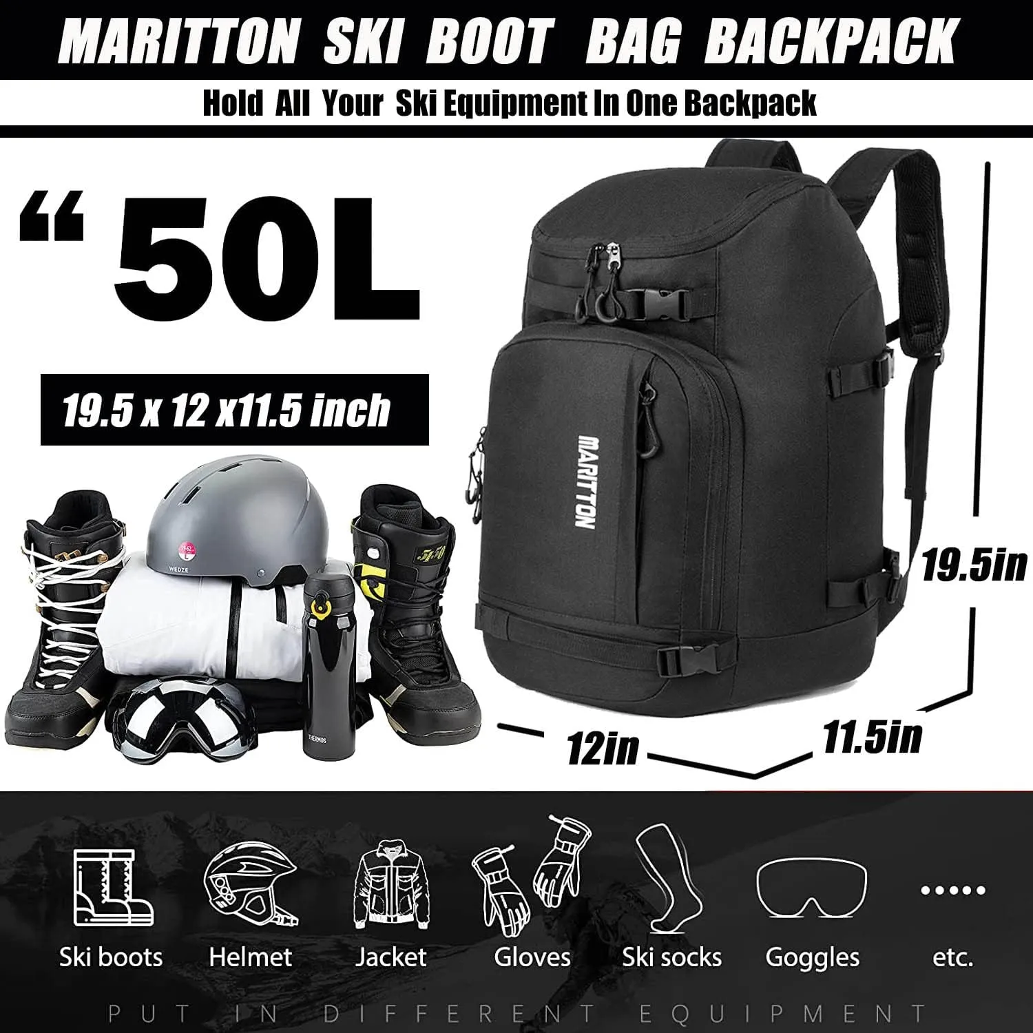 Ski Boot Bag - Boot Travel Backpack for Snowboard & Ski Boots, Helmet, Goggles, Gloves, Accessories