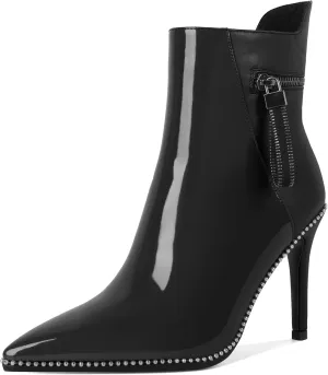Soireelady Women Ankle Boots High Heel Boots Pointed Toe Stilettos Booties Beaded Short Boots Side Zipper 4 Inch