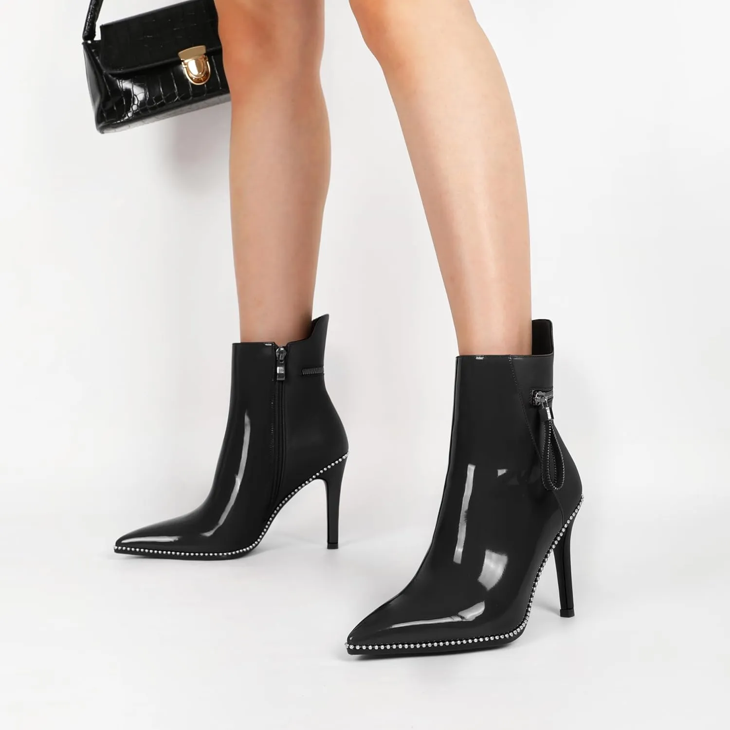 Soireelady Women Ankle Boots High Heel Boots Pointed Toe Stilettos Booties Beaded Short Boots Side Zipper 4 Inch