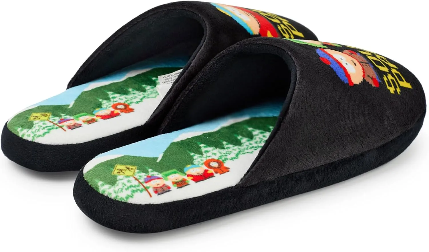 South Park Mens Slippers Slip-On Mules in Black with Cartman, Kenny, Stan & Kyle Print House Shoes Comedy Cartoon Indoor
