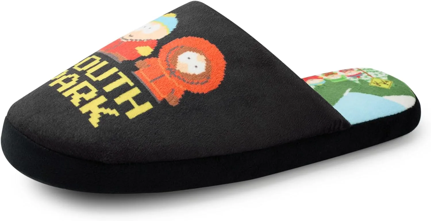 South Park Mens Slippers Slip-On Mules in Black with Cartman, Kenny, Stan & Kyle Print House Shoes Comedy Cartoon Indoor