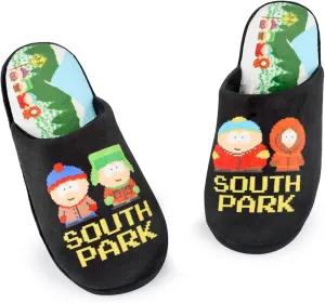 South Park Mens Slippers Slip-On Mules in Black with Cartman, Kenny, Stan & Kyle Print House Shoes Comedy Cartoon Indoor