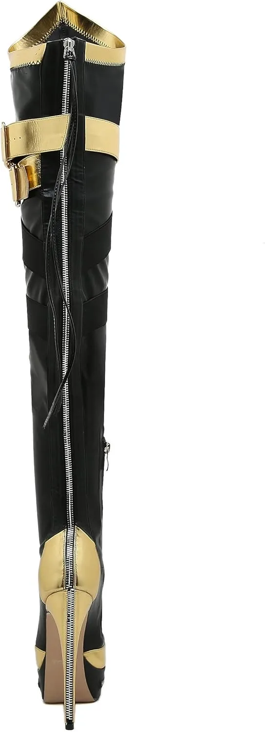 STUPMARY Women Platform Boots Round Toe Over The Knee Bootie Lace Up Gold Strap Thigh High Boots