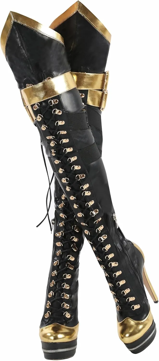 STUPMARY Women Platform Boots Round Toe Over The Knee Bootie Lace Up Gold Strap Thigh High Boots