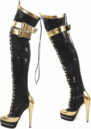 STUPMARY Women Platform Boots Round Toe Over The Knee Bootie Lace Up Gold Strap Thigh High Boots