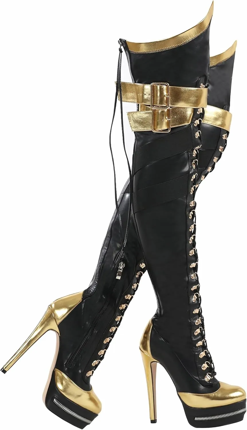 STUPMARY Women Platform Boots Round Toe Over The Knee Bootie Lace Up Gold Strap Thigh High Boots
