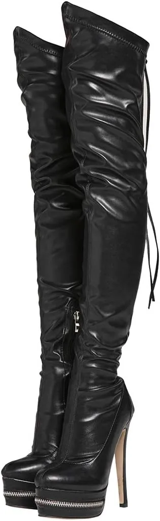 STUPMARY Women Platform Boots Round Toe Over The Knee Bootie Lace Up Gold Strap Thigh High Boots